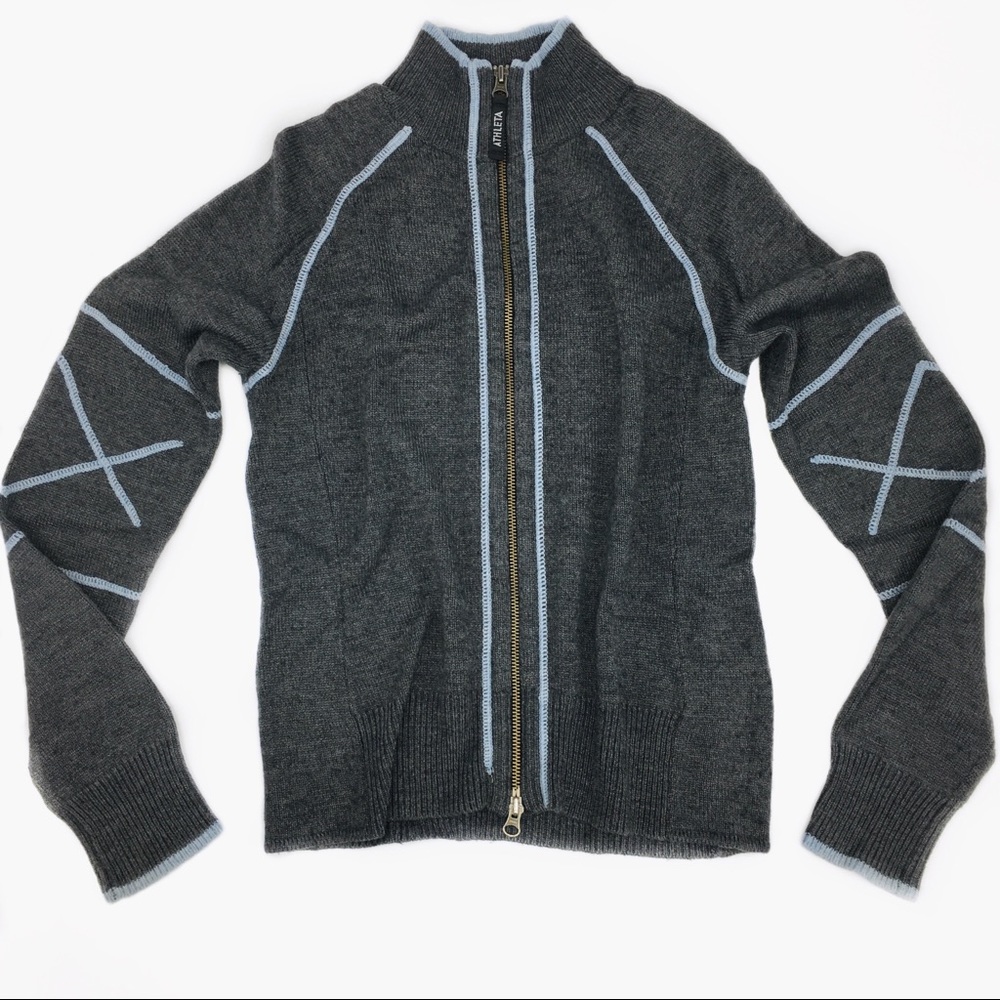 Athleta Multicolor Wool Zip Sweater Blue Stitching